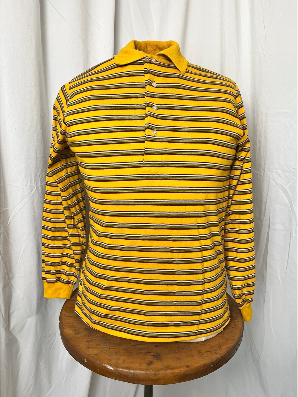 Vintage 70s Long Sleeve Yellow Striped Polo Shirt | Sheffield Masterknits | SZ L